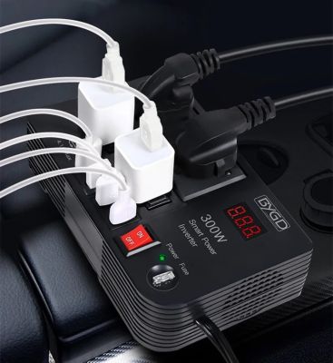 อินเวอร์เตอร์ในรถย 300W ยอินเวอร์เตอร์อะแดปเตอร์ Smart Power Inverter DC 12V to AC 220V USB 5v4.1a Ports 4 AC Outlets