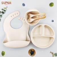 5Pcs Baby Feeding Sucker Bowl Plate Bibs Spoon Fork Sets Non-slip Baby Silicone Tableware Food Grade Childrens Feeding Dishes Bowl Fork Spoon Sets