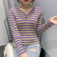 Tee Shirt Femme New Button Striped T Shirt Women T-shirt Cotton  Autumn Long Sleeve Womens Tops V-Neck Korean Clothes Woman