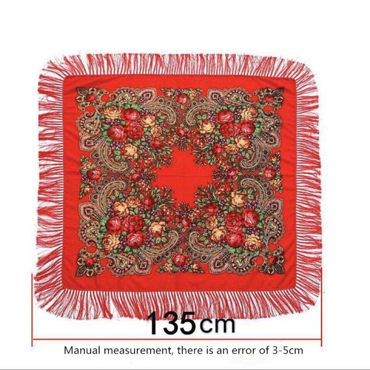 ผ้าพันคอสี่เหลี่ยมใหญ่คลุมไหล่สไตล์รัสเซียสำหรับผู้หญิงขนาด135-135ซม-ผ้าพันคอพิมพ์ลายผ้าฝ้ายมีฝอยแนวย้อนยุคผ้าคลุมไหล่สไตล์ผ้าฮิญาบ