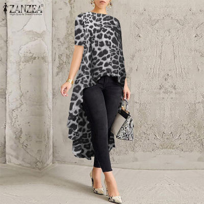 ManBei ZANZEA พิมพ์ลายเสือดาวสำหรับผู้หญิงเสื้อสูงต่ำสั้นแขนยาวเสื้อเชิ้ต Plus