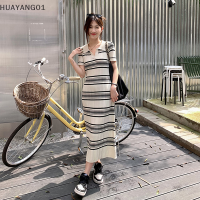 HUAYANG01 [2023 new HOT FASHION] lazlook STRIPES POLO COLLAR ถักเสื้อกันหนาว Stylish 2023Summer Women SHORT Sleeve Chic ใหม่ Slim Elastic All Match DRESS