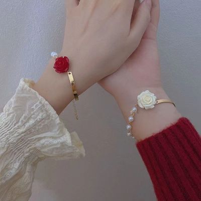 Korean Style Red Rose Imitation Pearl Bracelet For Women Luxury Zircon Flower Butterfly Adjustable Cuff Bracelet Wedding Jewelry