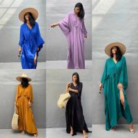 2023 Elegant Solid Kaftan Long Blue Tunic Loose Maxi Dress Women Summer Clothing Beach Wear Swim Suit Cover Up