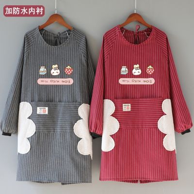 Pure cotton double apron long-sleeved household kitchen female 2021 new gown adult waterproof lining work maleTH