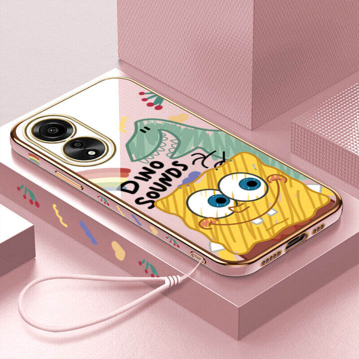 ggk-ปลอกชุบเคสโทรศัพท์ลายการ์ตูนไดโนเสาร์สพันชบ็อบสแควร์แพนท์ขอบสี่เหลี่ยม4g-ฟรีสายคล้อง-a78-oppo-ชุบหรูหราเคสโทรศัพท์นิ่ม