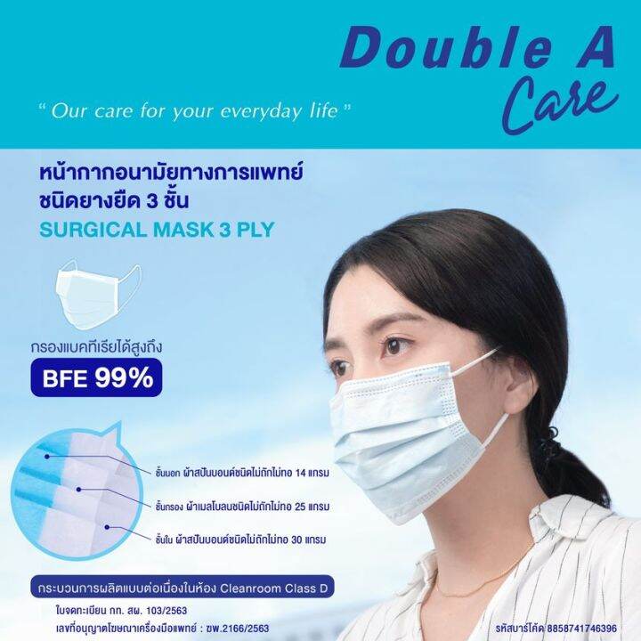 double-a-care-หน้ากากอนามัยทางการแพทย์-ชนิดยางยืด-3-ชั้น-surgical-mask-3-ply