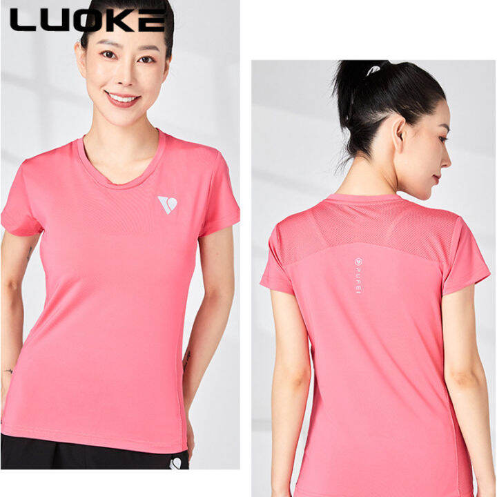 luoke-รอบคอบางกีฬาลำลองเสื้อยืดสตรีฤดูร้อนแห้งเร็วแขนสั้นกลับใต้วงแขนระบายอากาศกีฬาของผู้หญิง