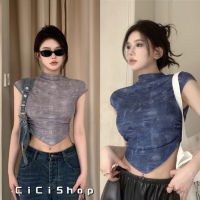 Cici(J357)เสื้อครอปท็อปแขนกุด จับจีบด้านข้าง แต่งลายกระเป๋ายีนส์ สำหรับสาวสุดเท่ห์ ชิคๆ