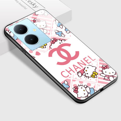 GGK เคสมือถือการ์ตูนแมวคิตตี้สำหรับ Vivo Y78 5G Y78 + 5G สำหรับเด็กผู้หญิงกระจกนิรภัยมันวาวเคสโทรศัพท์หลัง