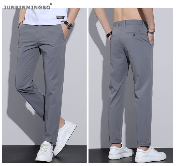 junpinmingbo-กางเกงผู้ชายกางเกงลำลองเข้ารูป-กางเกงใส่ทำงานผ้าไอซ์ผ้าไหมบางกางเกงสีทึบใส่ทำงานออฟฟิศสไตล์แฟชั่นใหม่