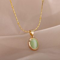 Stainless Steel Round Opal Necklace For Women Girls Natural Stone Pendant Choker Necklaces Vintage Jewelry Gift Collier