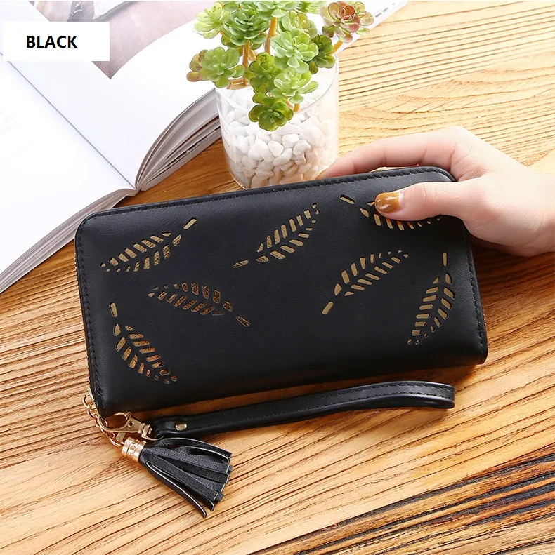 Gold-Leaves Design Ladies Wallet Black Long