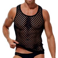 hot【DT】 Men Fashion Loose O Neck Sleeveless Shirt See-Through Nightclub Tees Hollow Out Mesh Knit Net