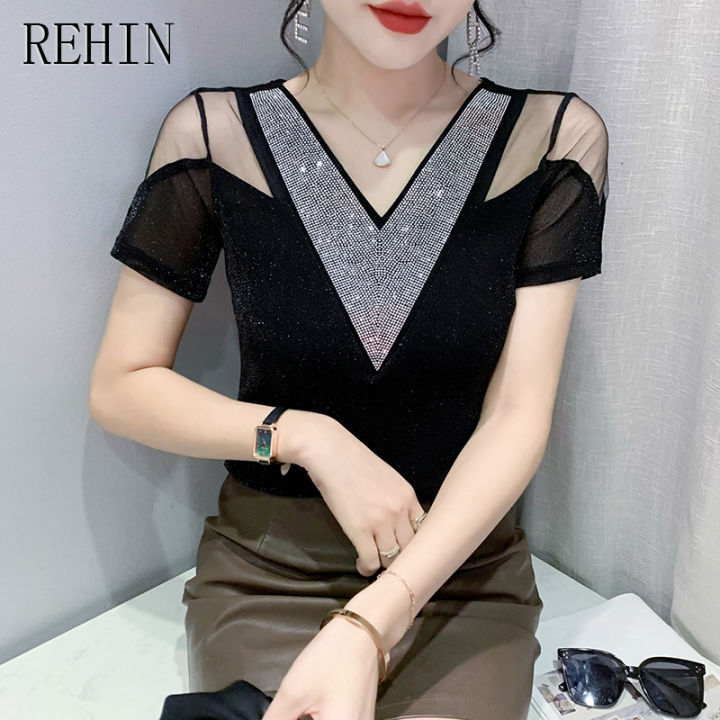 rehin-เสื้อผู้หญิงคอวีฉลุลาย-เสื้อเชิ้ตแขนสั้นคอวีเจาะรูแบบดั้งเดิมสำหรับฤดูร้อนเสื้อยืดอเนกประสงค์