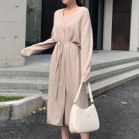 2021Aachoae Women Elegant Solid Midi Dress With Belt 2021 V Neck Korean Chic Dresses Long Sleeve Casual Knitted Sweater Dress Robe