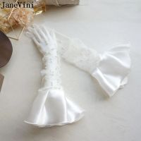 ☬☈✶ JaneVini Elegant Gloves Women Pearls Long Bridal Glove White Fashion Luxury Sheer Tulle Satin Bride Wedding Hand Gloves Short