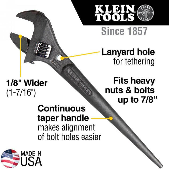 klein-tools-3227-extra-wide-adjustable-wrench-construction-spud-wrench-for-up-to-1-7-16-inch-nuts-and-bolts-10-inch-with-tether-hole