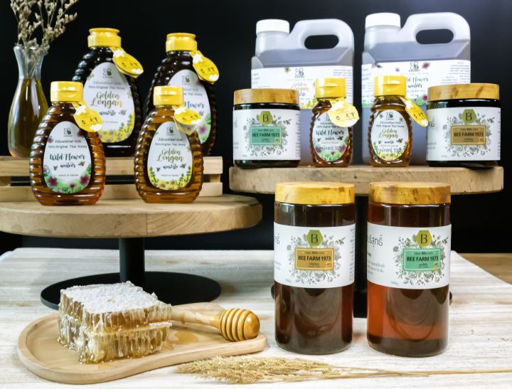 น้ำผึ้งแท้-100-น้ำผึ้งดอกลำไยสีทอง-350g-น้ำผึ้งเดือน-5-บริสุทธิ์-น้ำผึ้งคุณภาพสูง-bee-farm-1973-บีฟาร์ม-1973