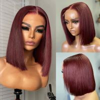 Straight Short Bob Human Hair Wig For Women Blunt Cut Bone Straight Lace Frontal Wigs Burgundy 99J Lace Front Bob Wig Straight [ Hot sell ] ea1voy