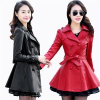 [COD] Womens Leather Jacket Mid Length Breasted Coat Windbreaker Outerwear With