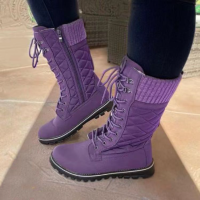 Women Mid Calf Boots Female Lace Up Cotton Shoes Winter High Tube Plus Velvet Front Lace-up Snow Boots Womens Boots Plus Size