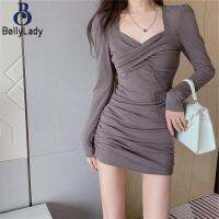 ผู้หญิงแขนยาวแต่งตัวสาวอินเทรนด์สีทึบเอวสูง Bodycon กระโปรงหรูหราสลิมฟิตกระโปรงสั้น【fast】