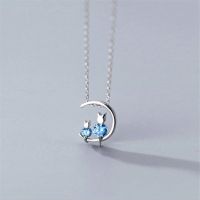 ✢ New Korean Style Blue Crystal Moon Cat Silver Plated Jewelry Temperament Personality Clavicle Chain Necklaces XL041