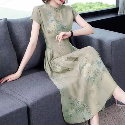 Meimingzi จำลองผ้าไหมกระโปรงยาวปานกลางสไตล์จีน cheongsam ผ้าชีฟองฤดูร้อนแขนสั้นสาวพิมพ์หญิงแม่สาวชุด