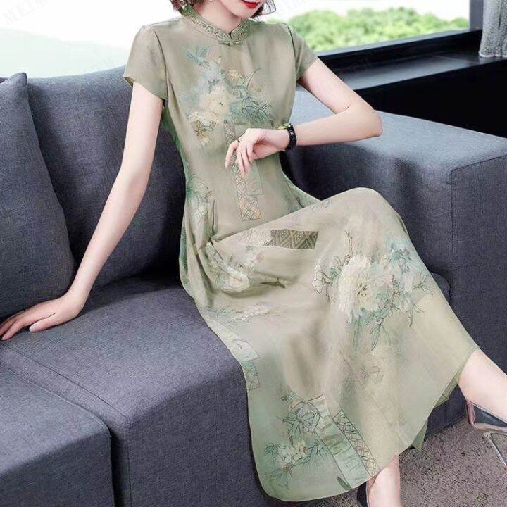 meimingzi-จำลองผ้าไหมกระโปรงยาวปานกลางสไตล์จีน-cheongsam-ผ้าชีฟองฤดูร้อนแขนสั้นสาวพิมพ์หญิงแม่สาวชุด