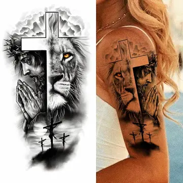 Realistic Lion Frontarm Cross Temporary Tattoos for Men Adult Wolf Lion  Skull Co  eBay