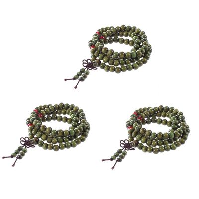 3X Olive Green Sandalwood Beads Buddha Buddhist Stretch Necklace Rosary 29 inch