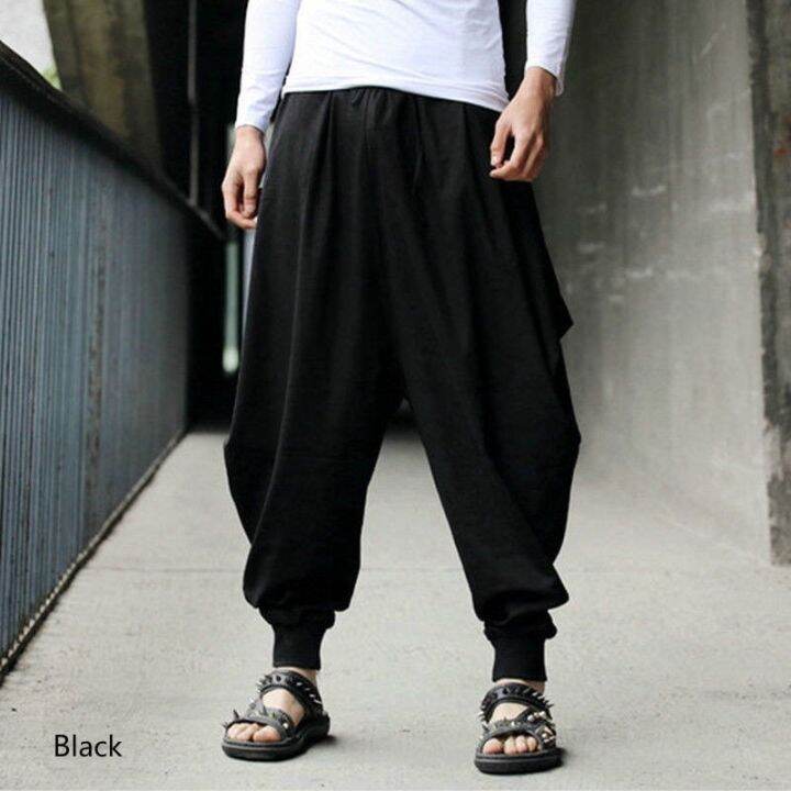 codtianjia6731-men-loose-long-plain-pure-yoga-wide-leg-harem-drop-crotch-baggy-trousers-pants