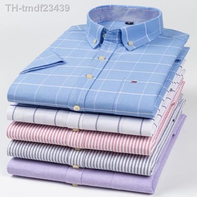 ❆△ Cotton Breathable Men Oxford Short Sleeve Striped Male Shirt Business Regular Oversized