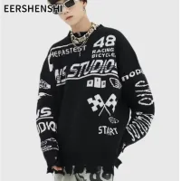 EERSHENSHI เสื้อสเวตเตอร์สีดำวินเทจของผู้ชายดีไซน์แบบหลวม Atasan Bahan Rajut เสื้อสเวตเตอร์สีดำคอกลมทรงหลวมของผู้ชาย