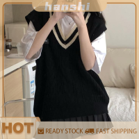 hanshi [2023 new HOT FASHION] lazlook สเวตเตอร์ถักแบบสวมหัวเสื้อกั๊กคอวีลำลองสำหรับผู้หญิงสไตล์ Preppy