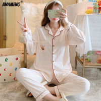 Pajamas for Womne Long Lounge Wear Autumn Winter Pijamas Sleep Tops + Pants Two Pieces Cotton Students Young Girls Sleepwear