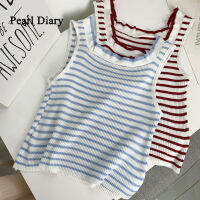 Pearl Diary Women Striped Knitted Camisole Bowknot Short Sleeveless Top Be All-Match Summer New Style Light Colour Vest