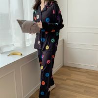 CAIYIER SpringAutumn Women Pijamas Cute Smiley Face Printing Long Sleeves Pants Pajama Set Female Korea Dark Smiley Sleepwear