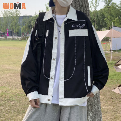 WOMA แจ็คเก็ตเบสบอลปกปกแบรนด์อินเทรนด์ แจ็คเก็ตแสง เสื้อสายเดี่ยวสไตล์เกาหลีแนวสปอร์ตทรงหลวมสีตัดกัน