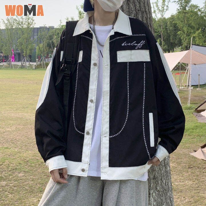 woma-แจ็คเก็ตเบสบอลปกปกแบรนด์อินเทรนด์-แจ็คเก็ตแสง-เสื้อสายเดี่ยวสไตล์เกาหลีแนวสปอร์ตทรงหลวมสีตัดกัน