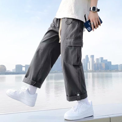 Plain Overalls Mens Drawstring Pant R Cargo Pants Fashion Sweatpants Korean Mens Trouser Simple Uni Pant Thin Straight Pantalon Hip Hop Couple Streetwear