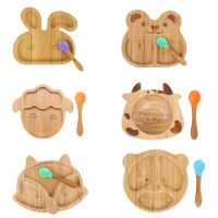 Baby Natural Bamboo Bowl Spoon Set Cartoon Animal Divided Dinner Plate Infants Learning Feeding Dish Newborn Children Tableware