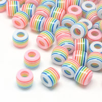 50pc Opaque Stripe Resin Beads Large Hole Beads Barrel Pink 11x10.5mm Hole: 6mm