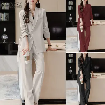New Womens Wide Leg Pants Slim 2Pcs Suit Office Formal Blazer Top Coat  Korean 