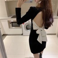 Women  Sexy Dress Slim Long Sleeve Backless  Dress Short A-line Dress  เดรส  ชุดเดรสสั้น dm