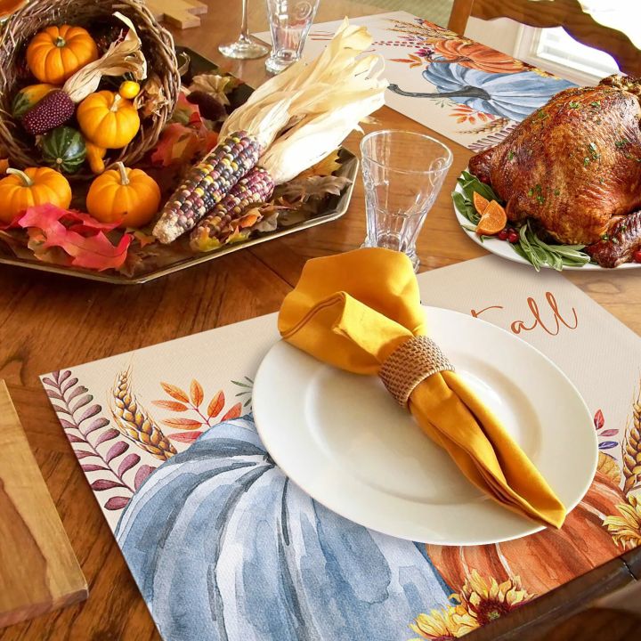 โต๊ะความร้อนต้นฟักทองสีฟ้าสำหรับฤดูใบไม้ร่วงวันขอบคุณพระเจ้า4-6ชิ้นทนต่อใบไม้ที่วางแก้วในครัวเครื่องประดับอุปกรณ์รับประทานอาหาร