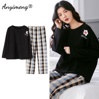 2021Autumn Winter New Pajamas Set Women Daisy Plaid Pijamas Cotton Loungewear Plus Size 3xl 4xl 5xl Pijamas Two Pieces Set Sleepwear