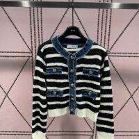 Vintage Denim Color Matching Knit Cardigan Looks Slimmer