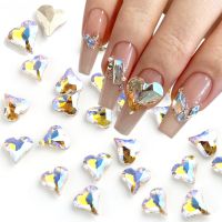 10Pcs Heart Nail Charms Crooked Heart Nail Parts Aurora Crystal Rhinestones Holographic Diamond Stones 3D Manicure Decor GLBAI